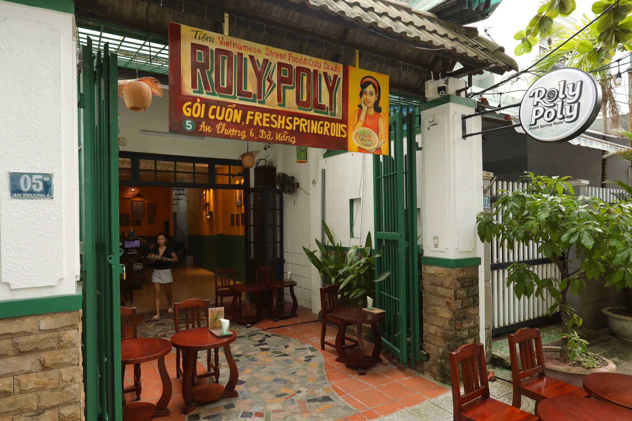 Fresh spring rolls with peanut, sesame and nước chấm sauces at Roly Poly