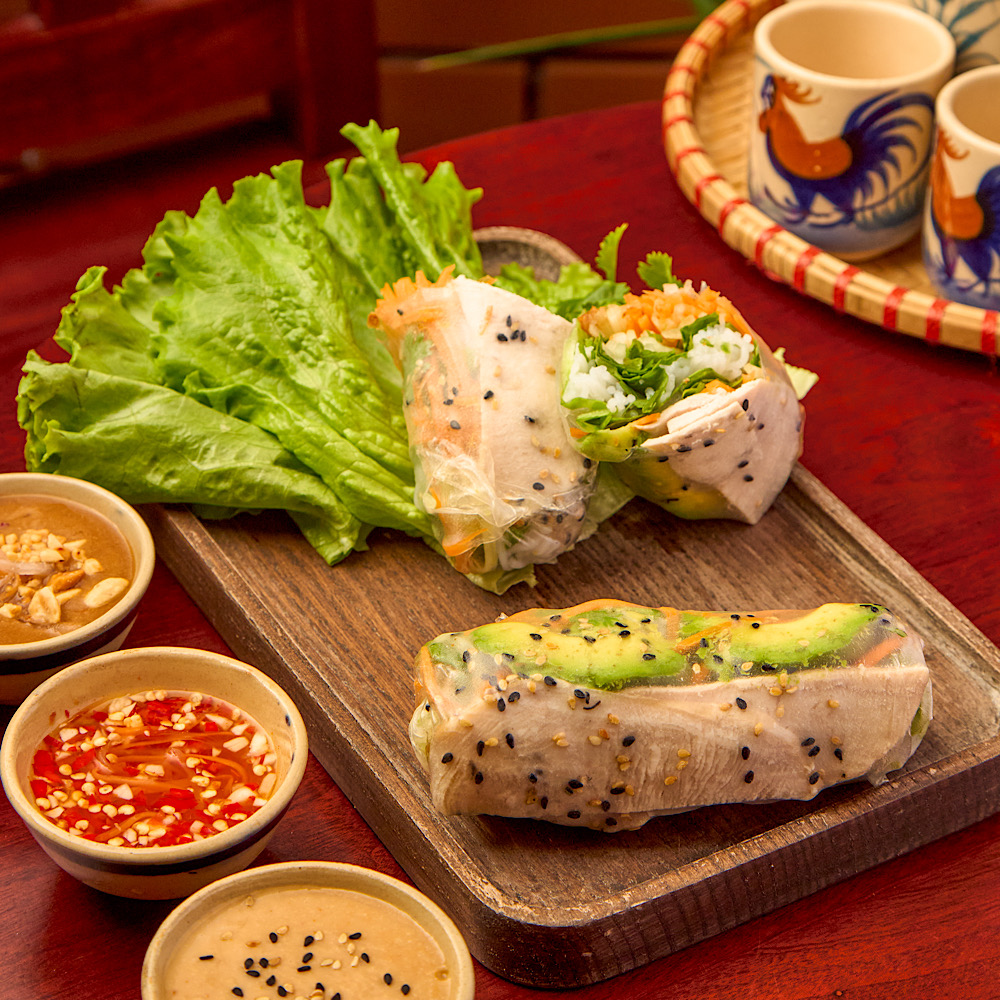 Poached chicken and avocado Vietnamese rice paper rolls at Roly Poly Da Nang